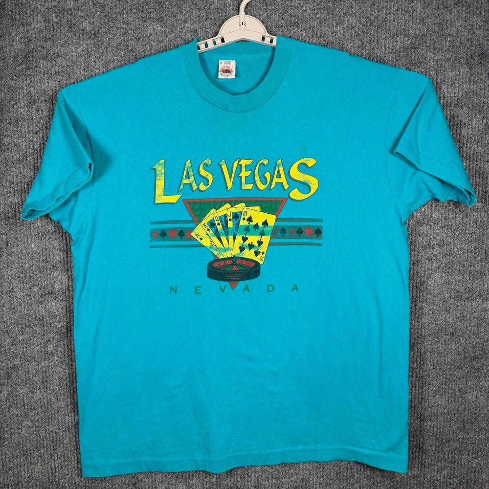 Vintage 90s Las Vegas T Shirt Mens XL Teal Single Stitch Roulette Casino USA